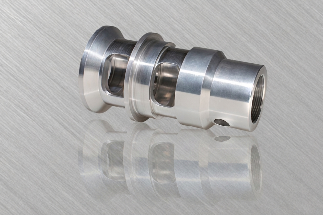 Silberner, metallischer Bauteil mit mehreren Aussparungen und glatten Oberflächen.