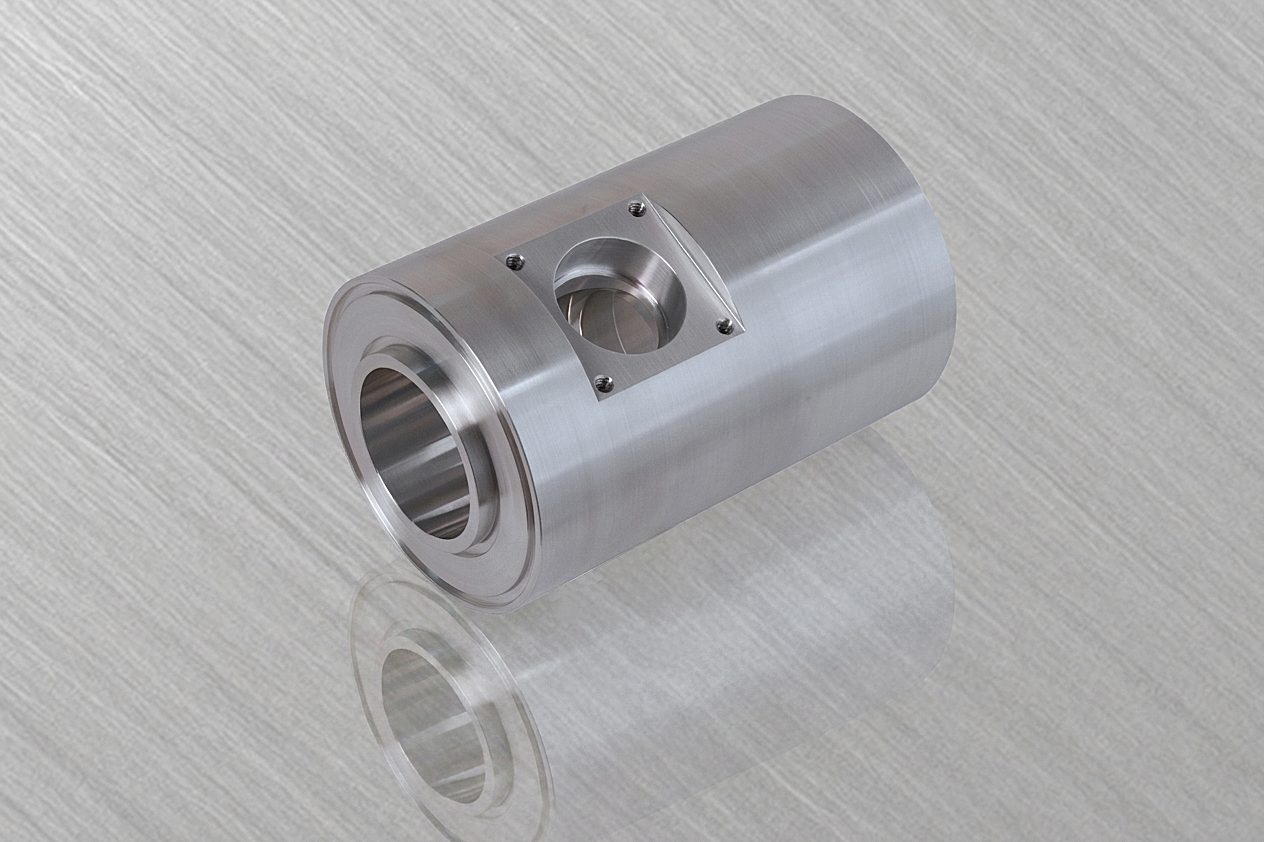 Zylindrisches Metallteil mit Bohrung und glatter Oberfläche.