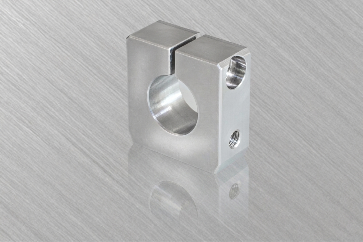 Glatte, silberne Metallhalterung mit einer Aussparung und Gewinde.