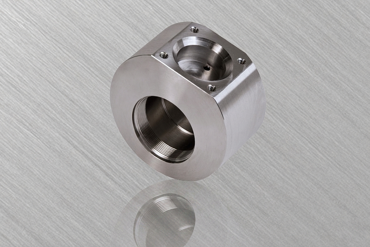 Metallisches Bauteil mit quadratischer und runder Form, glänzende Oberfläche.